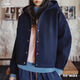 馬登復古藏青色收腰休閑加厚防風(fēng)連帽毛呢呢子外套開(kāi)衫上衣女春 藏青色 M (100-120斤/卡碼拍小)