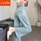 紅蜻蜓天絲煙管牛仔褲女2025年夏季薄款八分九分淺色冰絲刺繡窄版法棍褲 淺藍色八分 L