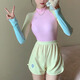 九寸陽光泳衣女糖果色兩件套款連體保守防曬長袖運(yùn)動學(xué)生溫泉沖浪服溫泉 粉黃色 （連體泳衣+褲子） M （推薦體重90-100斤）