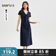 三福連衣裙2025秋季綁帶領(lǐng)口拼蕾絲褶皺收腰裙子女裝504856 寶藍(lán) L