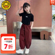 G.DUCKKIDS女童套裝夏季2025新款兒童純棉短袖褲子中大童女孩洋氣兩件套衣服 黑T恤+酒紅褲【黑色】 140 適合130-140cm年齡9-10歲