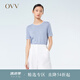 OVV2023春夏新款女裝絲棉混紡簡約經(jīng)典撞色鑲條圓領(lǐng)短袖針織衫 紫藍(lán)（凈色）10 M