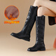 波爾諦奇（BOERDIQI）頭層牛皮美拉德騎士靴女冬新款女鞋加絨顯瘦長(cháng)筒女靴皮靴 黑色 37