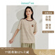 茵曼休閑條紋刺繡T恤夏季女裝百搭寬松撞色圓領(lǐng)短袖上衣 咖色-杏色 XL