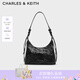 CHARLES&KEITH褶皺油蠟皮手提單肩腋下包女生日禮物七夕禮物CK2-40271360 Noir黑色 M