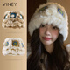 viney帽子女冬季2025新款醒獅帽保暖毛絨顯臉小水桶帽毛茸茸兔毛漁夫帽 淺卡其拼藍