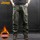 JEEP吉普工裝褲男寬松冬季直筒休閑褲子多口袋百搭男褲 軍綠加絨 2XL