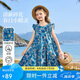 ASK JUNIOR兒童純棉裙子夏女大童飛袖連衣裙青少年碎花裙荷葉邊 藍色  160 