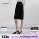 朗姿/LANCY秋新款絲絨高腰鉆扣及膝直筒裙輕奢復古半身裙女 黑色 2XL