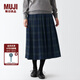 無印良品 MUJI 女式 羊毛混 抽褶裙 半身長裙秋冬季 百褶裙 BEK44A2A 藏青色格紋 S