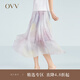 OVV【愛(ài)情而已同款】2023春夏新款女裝輕薄印花過(guò)膝法式中長(zhǎng)款百褶裙 淺紫花紋05 M
