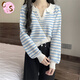 CS.LION撞色條紋毛衣女秋季2025年新款法式溫柔風(fēng)顯瘦短款針織衫套頭上衣 淺藍色 均碼  (建議70-120斤)