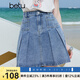 百圖betu女裝2025夏季新款半身裙高腰A字百褶裙洗水藍傘裙裙子2506T30 牛仔色 L