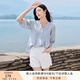香影【王楚然明星同款】白色娃娃衫上衣女夏含亞麻小衫淡人薄v領(lǐng)襯衫 藍(lán)色 L 165/88A/110-125斤