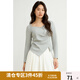 獨束大碼女裝芭蕾風(fēng)褶皺長袖T恤2025春季新品不對稱下擺顯瘦上衣 花灰色 2XL (尺碼：4) 拍前和客服確認(rèn)尺碼
