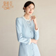 黛維亞藍色女2025冬季新款木耳邊領(lǐng)口撞色簡(jiǎn)約純色長(cháng)袖連衣裙 淺藍色 L