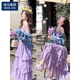 棉致吊帶連衣裙女2025春夏季新款洋氣中長款減齡收腰沙灘蛋糕蕾絲裙 紫色 S