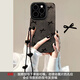穹燃適用蘋果16promax手機殼高級感簡約掛繩女iphone16pro翻毛皮高檔15promax鏡頭全包硅膠防摔保護套 黑翻毛皮-黑色-細蝴蝶結(jié)+愛心手鏈 iPhone 16 Pro Max