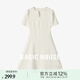 Basic House/百家好法式赫本風小白裙子女夏新款V領中長款連衣裙 白色 S