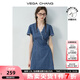 VEGA CHANG牛仔連衣裙女2025新款夏季小個(gè)子V領(lǐng)蕾絲花邊顯瘦度假風(fēng)收腰短裙 海灣藍(lán)(短款) L