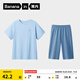 蕉內300E兒童家居服100%純棉上衣一體織無(wú)側縫短袖短褲男女童夏季睡衣 【套裝】鋯-氤藍+度假藍 120