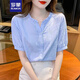 羅蒙（ROMON）2025夏季新款時(shí)尚短袖襯衫女裝別致時(shí)髦上衣減齡洋氣女裝上衣 藍(lán)色 L -105-115斤