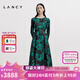 朗姿/LANCY春新款真絲復(fù)古玫瑰印花收腰長袖連衣裙重工裙子女 夜幕黑色 M