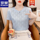 羅蒙短袖T恤女2023年夏季新款韓版時(shí)尚蕾絲氣質(zhì)顯瘦雪紡短款圓領(lǐng)上衣 藍色 XL