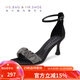 包小姐與鞋先生（&）夏季方頭細跟真絲布燙鉆寬條氣質(zhì)女涼鞋