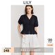 LILY2025夏新款女裝法式浪漫V領(lǐng)收腰休閑百搭通勤泡泡袖短袖襯衫 411藏青 M