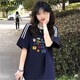 棉致美式純棉三條杠印花短袖t恤女夏季2025新款潮流百搭寬松五分半袖 ST392藏青色【高品質(zhì)24.5】 L 100-120斤