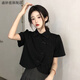 盛妙慈新中式改良版旗袍短款上衣夏季女裝2023年新款不規(guī)則法式短袖襯衫 黑色 M_[建議90-100]