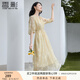 香影通勤黃色連衣裙女2025夏秋新款簡單大方氣質(zhì)泡泡袖印花中長裙 黃花 S 155/80A/85-95斤