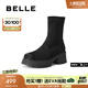 百麗（Belle）復(fù)古顯瘦彈力靴女2025的冬新商場(chǎng)款粗跟增高休閑短靴E5G2DDZ5 黑色 37