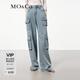 MO&Co.牛仔褲夏工裝風(fēng)口袋低腰輕柔真絲混紡前短后長精裁摩安珂 牛仔藍(lán)色 S 26