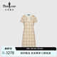 比音勒芬（Biemlfdlkk）【韓國珠地面料】女士時尚復(fù)古BG格紋中長款翻領(lǐng)清爽短袖連衣裙 60卡其色 M