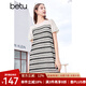 百圖betu女裝夏季新款連衣裙泡泡袖條紋拼接雪紡短裙女2405T66 黑白條 S