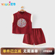 優(yōu)奇嬰兒衣服男寶寶夏季分體兩件套男童紅色喜慶滿月服新中式周歲禮服