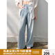 獨束（DUSHU）大碼女裝淺色牛仔褲夏2025年新款時尚百搭高腰條紋拼接直筒褲 淺牛仔藍 2XL （尺碼：4）