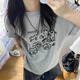 妙奕嘉短袖女新款2025年寬松潮流t恤純棉夏季女裝半袖上衣顯瘦遮肚子 卡通寬松短袖【淺灰色】 M 【建議85-100斤】