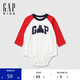 GAP嬰兒2025春季新款棉質(zhì)小熊印花logo撞色連體衣兒童裝687241