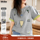 MsShe【原創(chuàng  )印花刺繡雙色短袖T恤】大碼女裝2025夏裝胖mm顯瘦上衣 A款-花灰色現貨 3XL