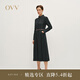 OVV2024秋冬新款女裝牛仔翻領(lǐng)羊毛隨附腰帶長(cháng)袖休閑連衣裙 藏青 M