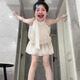 金日滿(mǎn)法式白色無(wú)袖掛脖吊帶連衣裙子女夏季2025新款度假小個(gè)子收腰短裙 杏色 L