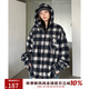 404MOBGANG 百搭潮流長(cháng)袖連帽襯衫格子外套男女同款新款2025春季情侶 藍黑格子 L