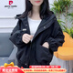 皮爾卡丹小個子連帽短款風衣外套女2025年春秋新款寬松休閑夾克棒球服上衣 黑色 春秋款 2XL 建議125-140斤