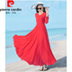 皮爾卡丹（pierre cardin）新款春秋V領(lǐng)女長(cháng)袖純色沙灘度假雪紡連衣裙修身顯瘦飄逸大擺長(cháng)裙 紅色 3XL 【建議135-145斤