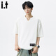 :CHOCOOLATE it純色V領(lǐng)短袖T恤男寬松落肩簡(jiǎn)約純色半袖上衣打底衫 白色 L 【建議125斤-140斤】