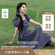 茵曼章若楠同款|法式格紋連衣裙夏季女裝百搭泡泡袖a字裙子 藏青  S