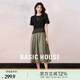 Basic House/百家好撞色休閑夏季新款寬松顯瘦氣質(zhì)感短袖連衣長裙 黑拼苔云青 XL